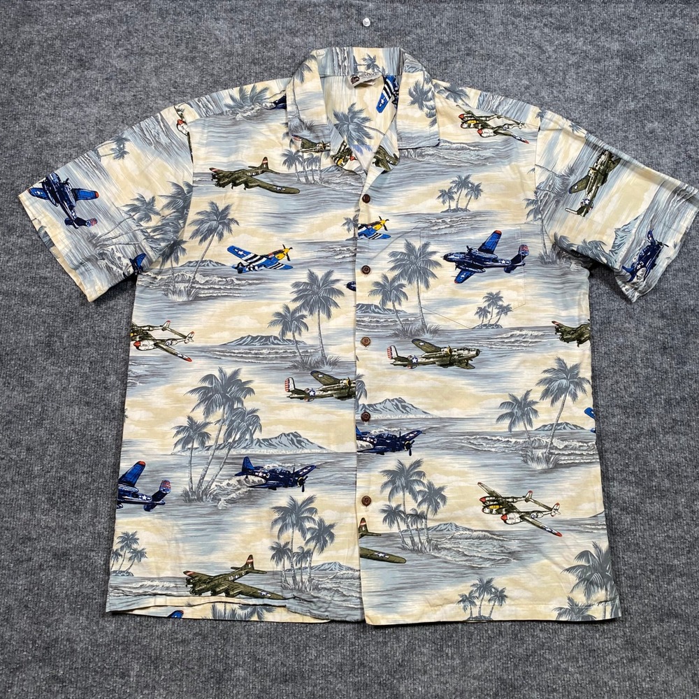 Aloha Republic Mens XL Hawaiian Shirt WWII Military Airplanes Made in Hawaii USA